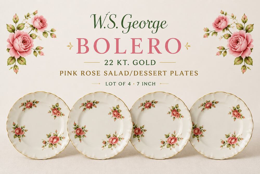 Vintage W.S. George Bolero Pink Rose 7" Salad Dessert Plates Lot of 4 22K Gold